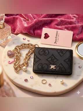 Juicy Couture Y2K Revival Heritage Coquette Bling Charm Chain Bifold Card Holder